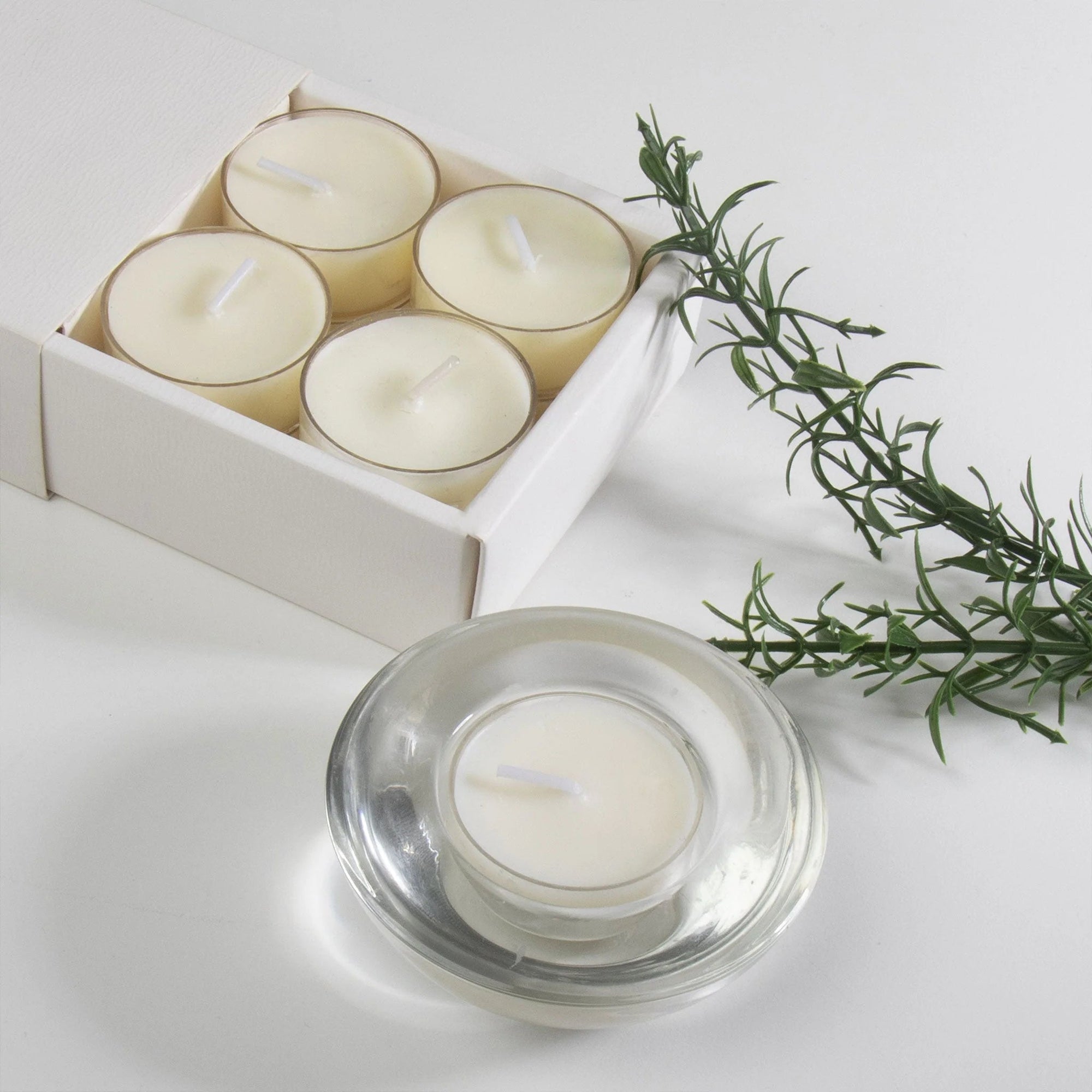 A luxury white Vaucluse 16-pack box sliding open to reveal a tray of clear cup vanilla tealight candles, shown next to a burning candle in a clear glass holder and a fresh sprig of rosemary.