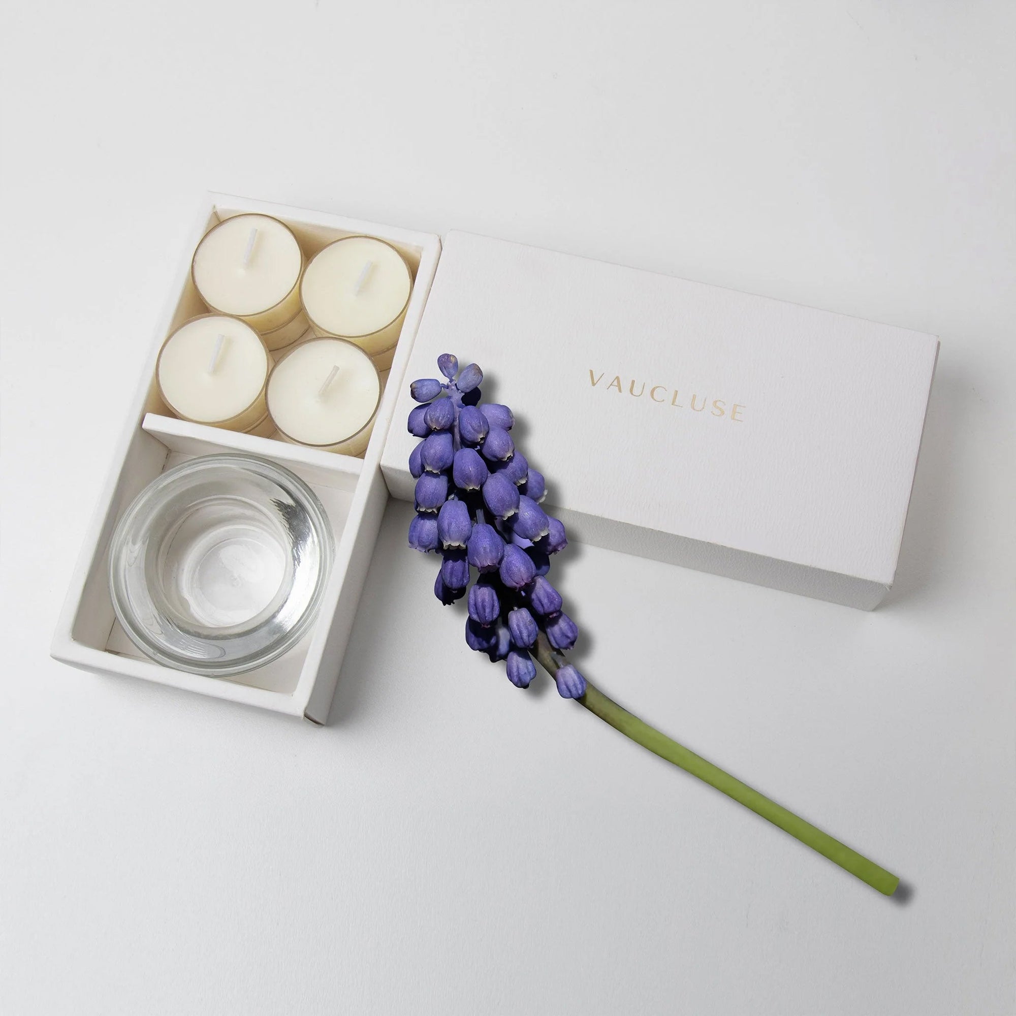 Minimalist overhead flat lay of the open white musk tealight candle set styled beautifully with a single purple hyacinth flower branch on a white background.
